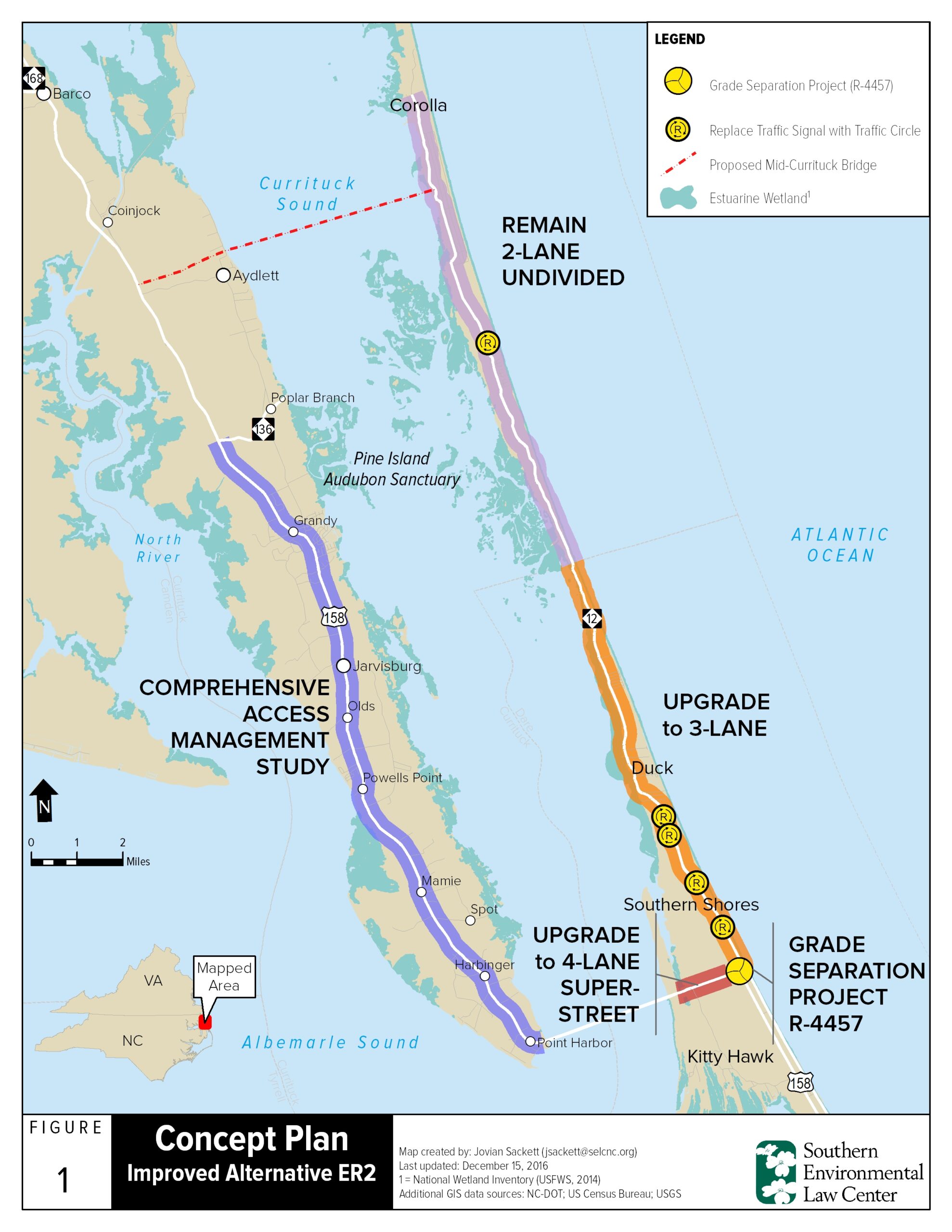 Map of Mid-Currituck Bridge Alternatives.
