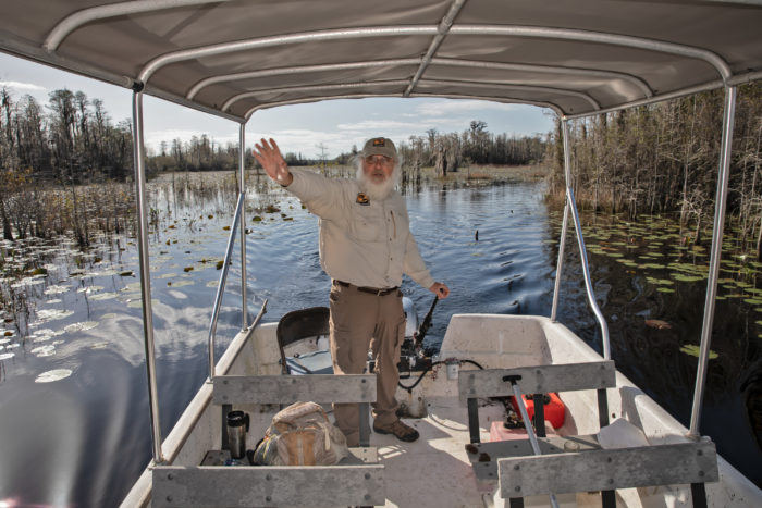 A man stands by the rudder of a small boat in a watery swamp, under shade, pointing off camera.