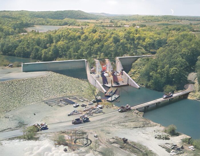 An aerial view of a dam.