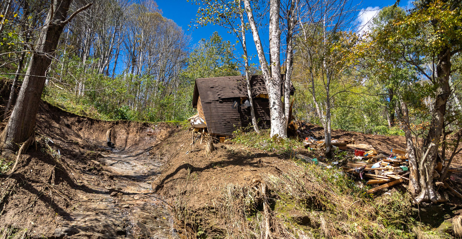 Looking up at a wooded hillside the left side is a mud washout and on the left a house is on its side, collapsed, leaning against the birch tree that kept it from sliding further down the hill. Fallen trees dot the hill.