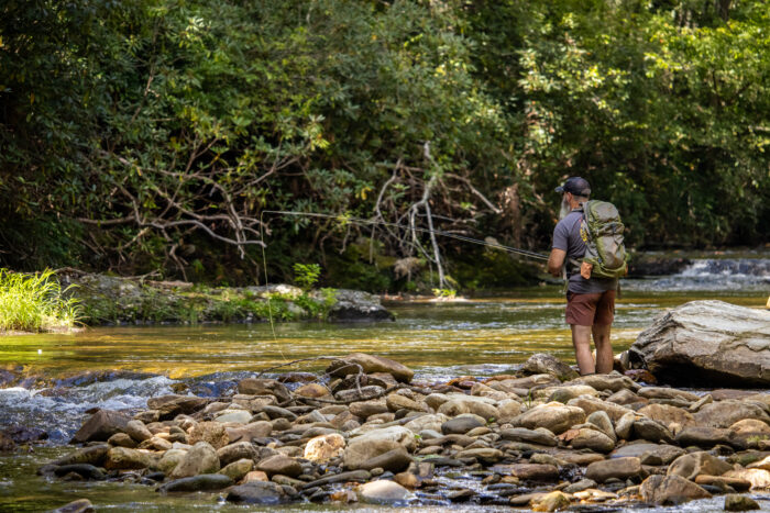 A man stands along the rocky shore of a shaded stream, casting a fly fishing rod.